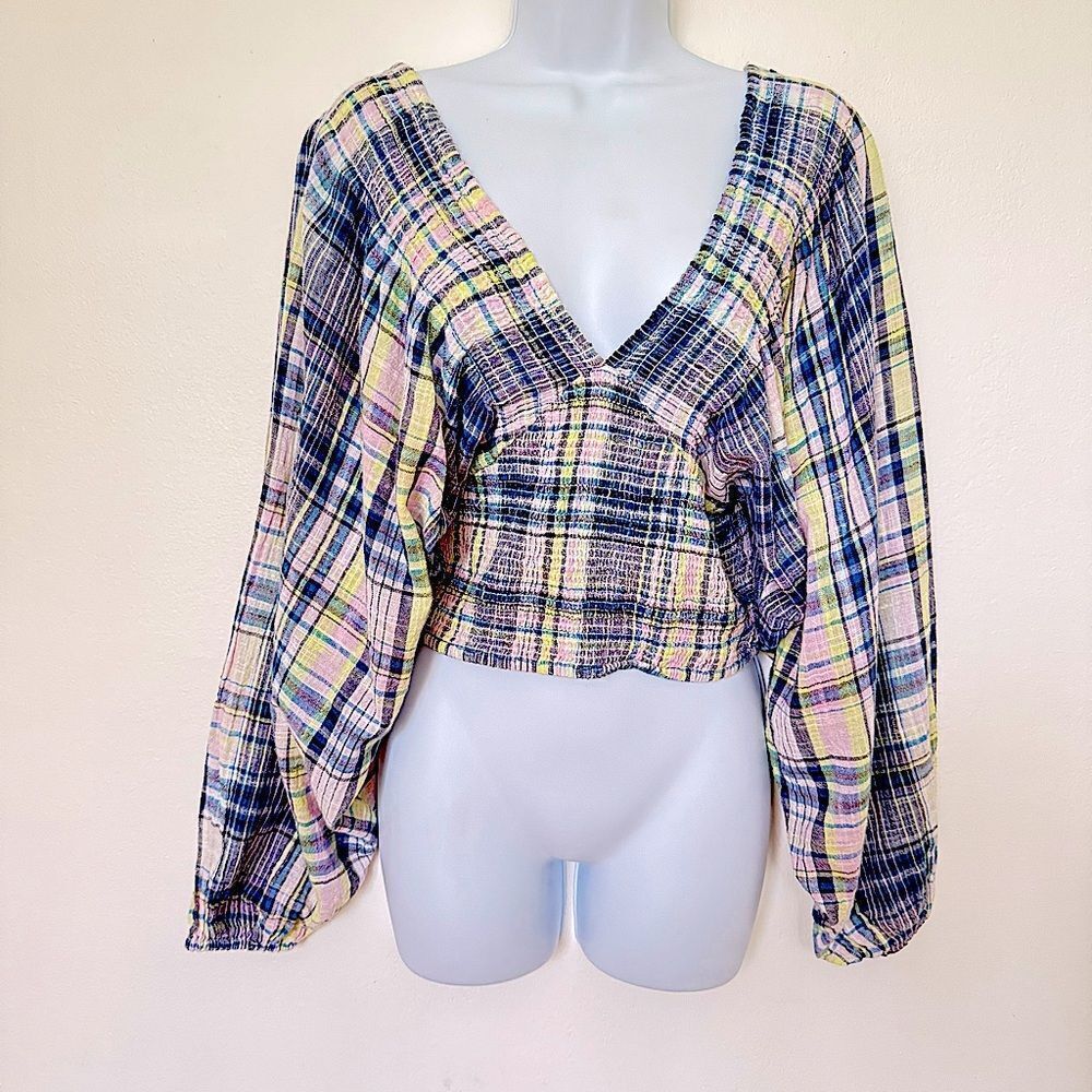 Free People Marlena Plaid Reversable Gauze Smocked Top NWOT Size S - Picture 10 of 16